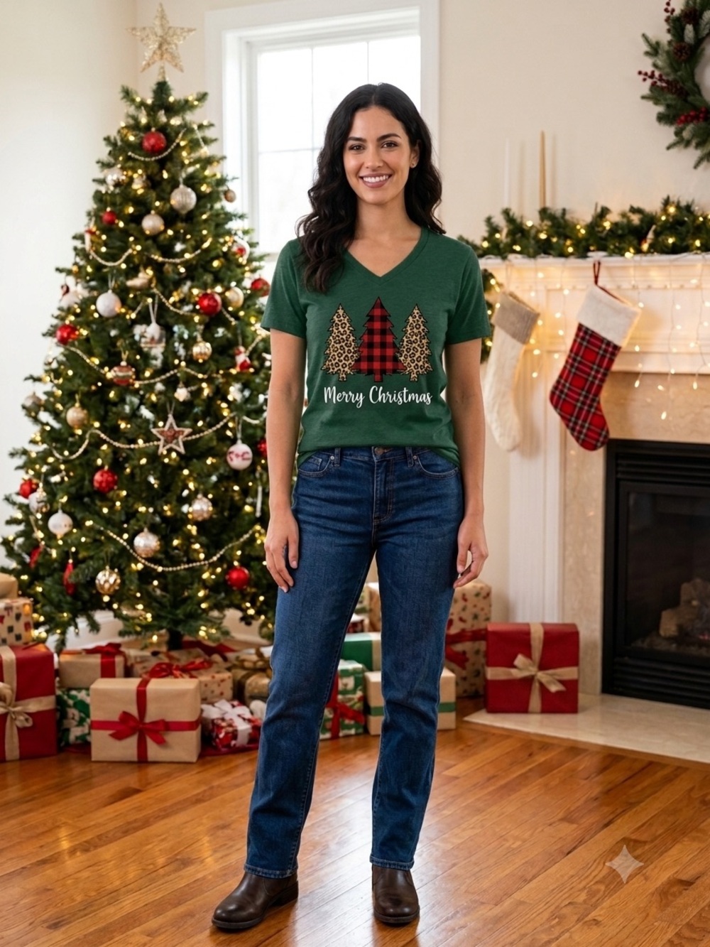Dark Green Festive Holiday Christmas Tree Graphic V-Neck Tee SZ M